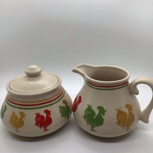 Vintage Kathy Hatch Rooster Sugar Bowl and Creamer